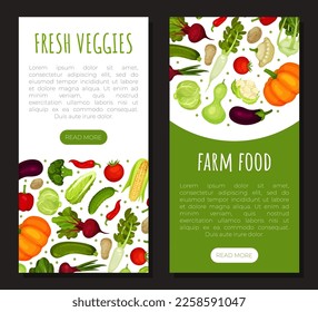 Fresh veggies natural food mobile app templates set. Farm food, organic vegetables landing page, website design cartoon vector