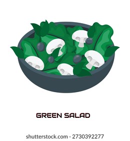 Uma ilustração vetorial plana fresca e vibrante de uma salada verde saudável. A tigela contém folhas verdes, cogumelos brancos fatiados e azeitonas escuras, apresentados em uma tigela cinza escuro minimalista. Esta grama limpa