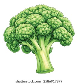 Fresh, vibrant green broccoli illustration showcasing detailed florets and sturdy stalks. Perfect for promoting healthy eating, vegetarian recipes, or organic produce. Ideal for food blogs, menus, and