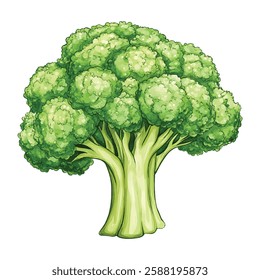 Fresh, vibrant green broccoli illustration showcasing detailed florets and sturdy stalks. Perfect for promoting healthy eating, vegetarian recipes, or organic produce. Ideal for food blogs, menus.