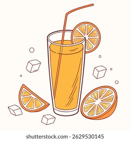 Fresh and vibrant orange juice vector illustration featuring clean line art, bold silhouettes, and minimalistic icon style. Perfect for use in food packaging design, juice bar branding, healthy lifest