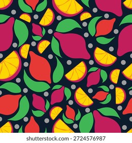Patrón fresco y vibrante con limones enteros, cítricos en rodajas y hojas exuberantes, creando un diseño brillante, animado y sin fisuras perfecto para impresiones de verano, empaques, papelería y decoración tropical.