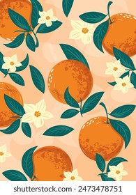 A fresh and vibrant peach-colored background featuring simple flat oranges, blooming flowers, and green leaves, perfect for a lively and natural themed cover.