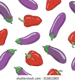 Fresh vibrant ripe eggplants and red pepper. Vector seamless pattern, eps10. For backgrounds, wallpapers, wrapping paper, textile.

