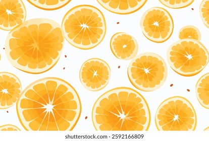 A fresh and vibrant seamless pattern featuring orange slices scattered across a white background.