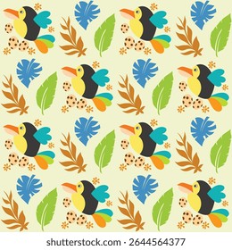 A fresh and vibrant seamless vector pattern featuring colorful birds and tropical leaves, perfect for capturing the spirit of summer.