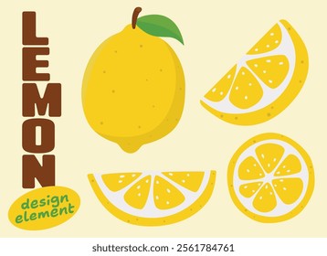 A fresh and vibrant vector illustration of a lemon fruit includes a whole lemon, a lemon wedge, and a lemon slice, for food-related projects, print, branding, or any design