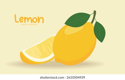 Fresh and vibrant vector illustration of a lemon fruit includes a whole lemon, a lemon wedge, and a lemon slice, for food-related projects, print, branding, or any design