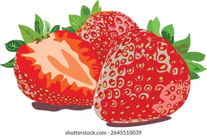 Fresh and vibrant vector illustration of a ripe strawberry with green leaves. Perfect for food packaging, summer designs, fruit-themed projects, and healthy lifestyle concepts.