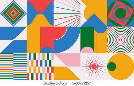 Fresh vivid pattern design made with simple geometric shapes and figures. Vector geometric abstract composition useful for wallpaper decorations, presentations, fabrics textile design, etc