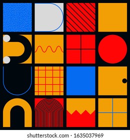 Fresh vivid pattern design made with simple geometric shapes and figures. Vector geometric abstract composition useful for wallpaper decorations, presentations, fabrics textile design, etc