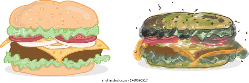 Fresh vs rot hamburger illustration 