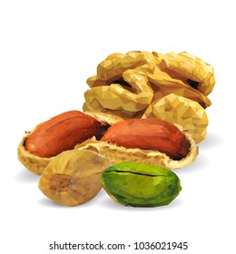 Fresh walnut, nutritious pistachios, tasty peanut. Nuts ingredients in triangulation technique. Vector illustration. Nuts ingredients in triangulation technique. Walnut, peanut and pistachios low poly