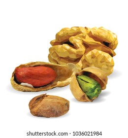 Fresh walnut, nutritious pistachios, tasty peanut. Nuts ingredients in triangulation technique. Vector illustration. Nuts ingredients in triangulation technique. Walnut, peanut and pistachios low poly