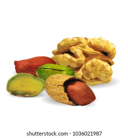 Fresh walnut, nutritious pistachios, tasty peanut. Nuts ingredients in triangulation technique. Vector illustration. Nuts ingredients in triangulation technique. Walnut, peanut and pistachios low poly