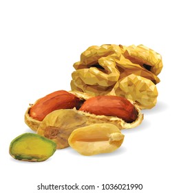 Fresh walnut, nutritious pistachios, tasty peanut. Nuts ingredients in triangulation technique. Vector illustration. Nuts ingredients in triangulation technique. Walnut, peanut and pistachios low poly