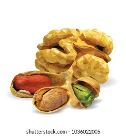 Fresh walnut, nutritious pistachios, tasty peanut. Nuts ingredients in triangulation technique. Vector illustration. Nuts ingredients in triangulation technique. Walnut, peanut and pistachios low poly