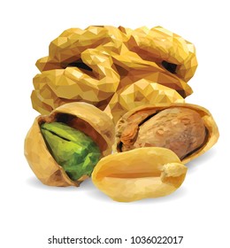 Fresh walnut, nutritious pistachios, tasty peanut. Nuts ingredients in triangulation technique. Vector illustration. Nuts ingredients in triangulation technique. Walnut, peanut and pistachios low poly