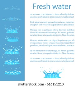 Fresh water advertising banner with text information vector illustration. Cartoon splashes of liquid and drops splattering and making round waves. Pure fresh water in natural condition geizer concept