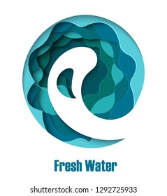 Fresh water - aqua splash logo design template. Vector abstract paper cut style drop. 