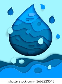 Fresh water. Banner design template. Abstract water drop paper cut style. Save water earth recourses ecological concept for environmental infographic. Vector illustration.