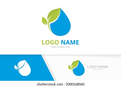 Fresh Water Drop And Leaves Logo. Pure Waterdrop Logotype Design Template.