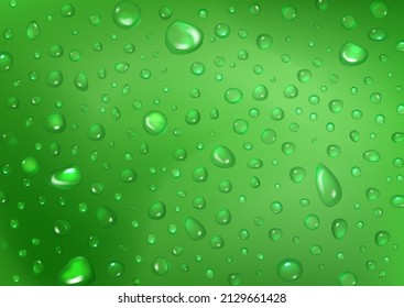 Fresh water drops on green abstract background. Drop wet texture or condensation water on grass color. Pure shining rain droplets, close up backdrop. Realistic 3d vector illustration