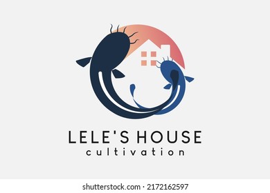 Fresh water fish farmer logo design, breeder or catfish farming. Silhouette of a catfish combined with a house icon in a creative concept