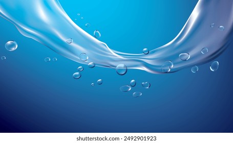 Fresh Water, Water flow wave transparent surface with bubbles of air, ocean, lake, liquid, hygiene, freshness air, RO, filter water, sparkling drinking water - Vector