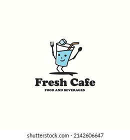 Fresh water in glass with ice cube, straw, spoon and fork cute simple funny mascot good to use for food and beverages cafe restaurant logo icon sign. Vector illustration