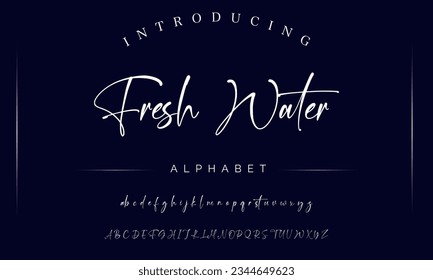 Fresh Water Hand gezeichnet Mono-Linie Schriftart in Kleinbuchstaben und Großbuchstaben. Kalligrafisches dekoratives ABC-Alphabet einzeln. Handschrift und individuelle Typografie für Ihre Designs, Logo, Poster, Karte. Vektorgrafik.