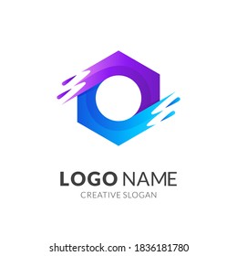 logotipo de agua dulce, hexágono y agua, logotipo combinado con estilo 3d morado y azul