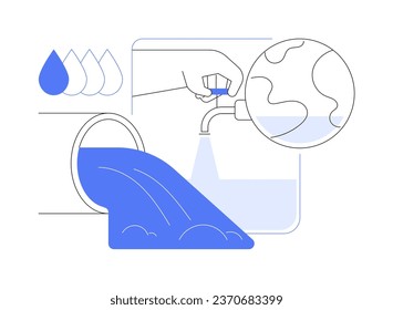 Abstraktes Konzept, Vektorgrafik, mit Süßwasser überzogen. Wasser strömt aus dem Rohr, Umweltprobleme, Überkonsum natürlicher Ressourcen, Bewässerung abstrakte Metapher der Landwirtschaft.