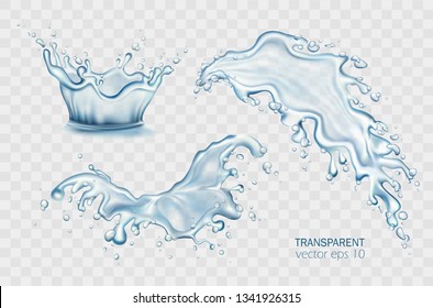 Fresh water pouring down isolated vector illustration set. Crown splashing on light transparent background. Realistic splashes, aqua drops, blue liquid waves. Soda, soft drink, cocktail, lotion promo.