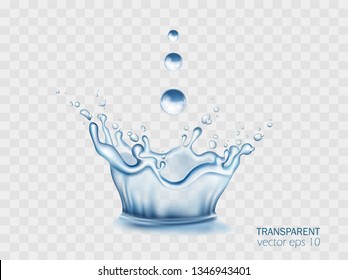 Fresh water pouring down isolated vector illustration set. Crown splashing on light transparent background. Realistic splashes, aqua drops, blue liquid waves. Soda, soft drink, cocktail, lotion promo.