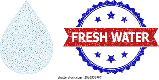 Fresh Water scratched seal, and water drop icon mesh model. Red and blue bicolor stamp contains Fresh Water title inside ribbon and rosette. Abstract flat mesh water drop, designed with flat mesh.