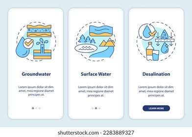 Fresh water supply sources onboarding mobile app screen. Walkthrough 3 steps editable graphic instructions with linear concepts. UI, UX, GUI template. Myriad Pro-Bold, Regular fonts used
