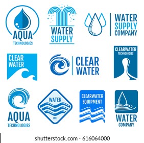 Fresh water vector logos and labels set with aqua symbols. Fresh drop clean water logo. illustration of drink water label