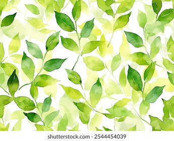 Acuarela fresca sin patrón con abundancia de hojas verdes. Diseño de Vector exuberante y abstracto para la decoración del hogar, Fondo de pantalla o impresiones textiles. Colores vivos y fondo de Formas orgánicas