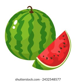 Fruta fresca de Watermalon y rebanada sobre fondo blanco aislado. Ilustración vectorial de diseño plano de dibujos animados.