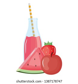 fresh watermelon and apple juice fruits in botttle with straw