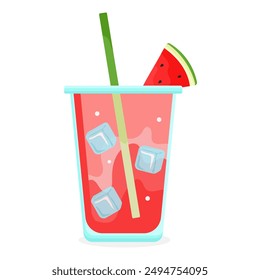 Cóctel de sandía fresca con hielo y paja. Batido de sandía. Ilustración vectorial. Aislado