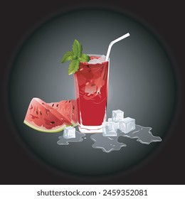 Cócteles de sandía fresca.Bebidas refrescantes de verano con una rodaja de sandía, menta y Ilustración vectorial helada.
