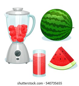 the fresh watermelon cut on pieces in a glass bowl of the blender, lies the whole watermelon and a watermelon segment nearby.