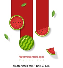 Fresh watermelon fruit background in paper art style , vector , illustration