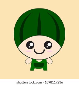 Fresh watermelon fruit cartoon character with smiling face. Large watermelon-shaped headgear