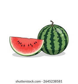 Fruta de melancia fresca com fatia suculenta e crosta listrada verde no fundo branco - Ilustração de vetor