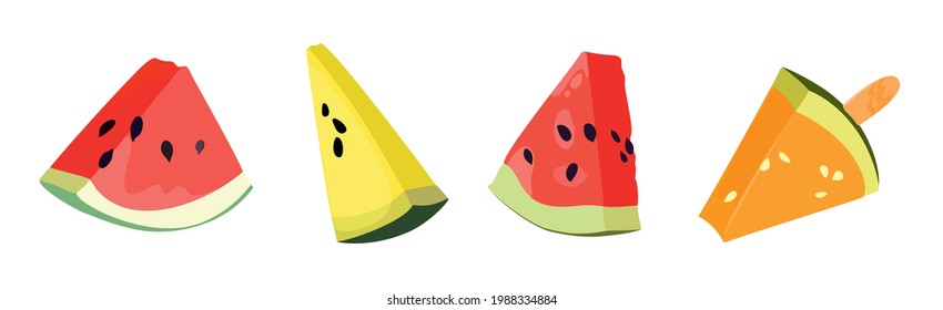 Fresh watermelon fruit. Set of pieces in various shapes and colors. Summer food concept illustration isolated on white background.