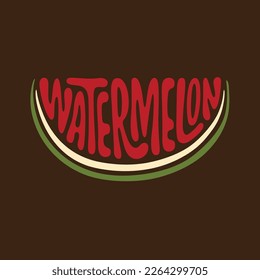 Fresh watermelon fruit typography sign. Hand drawn watermelon word lettering for logo, label, badge, emblem. Glossy colorful sticker. Vector illustration.