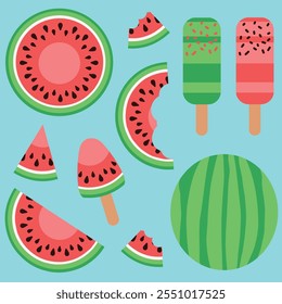 Frutas frescas de sandía y paletas ilustración dibujada a mano